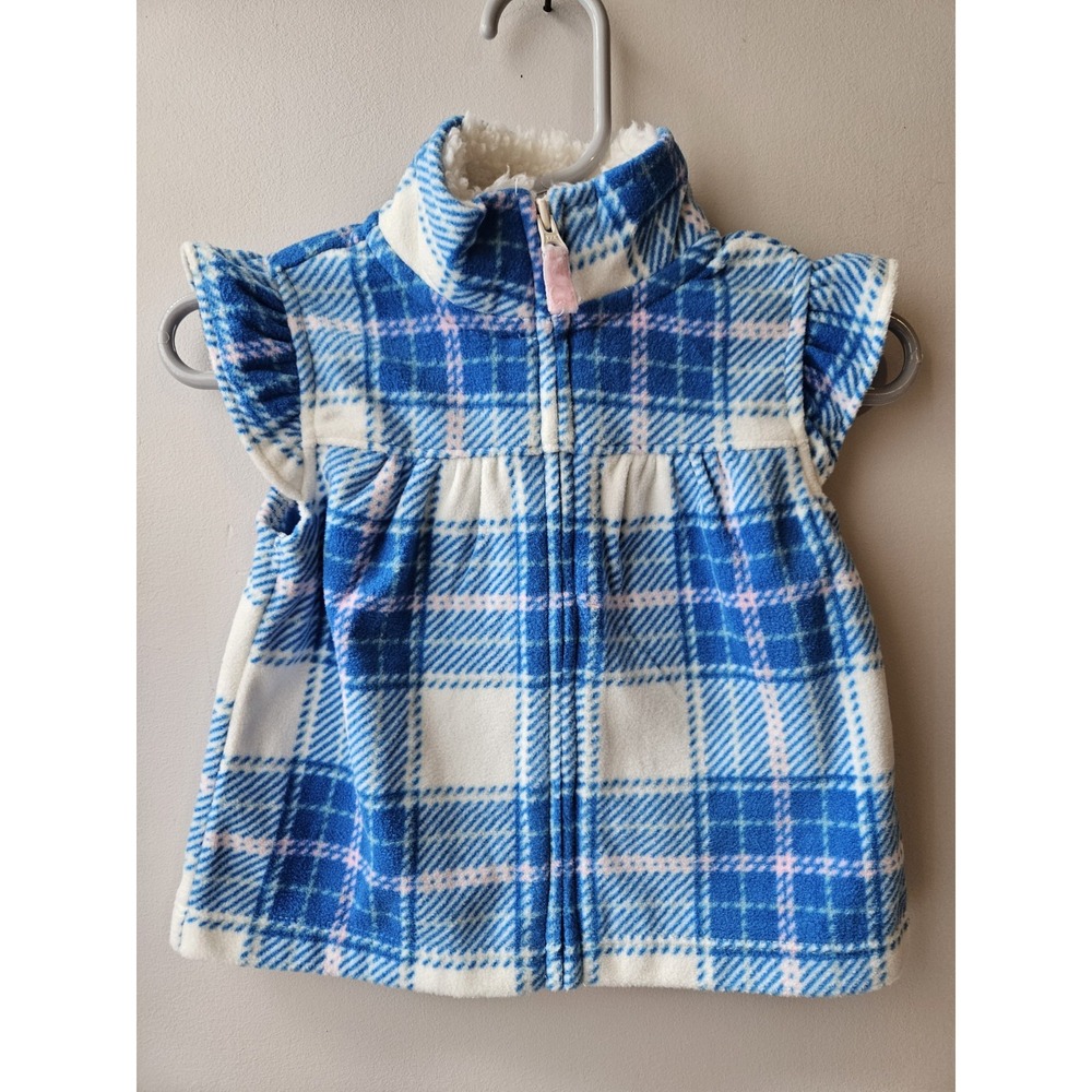 Baby Girls 6 months Carters‎ Fleece Blue Pink White Plaid Ruffle Vest Full Zip